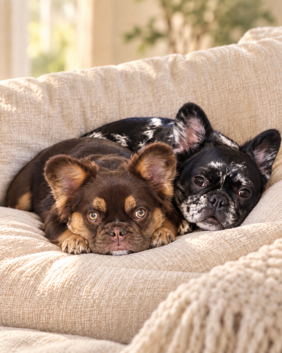 Our chocolate-and-tan and black-and-silver French bulldogs snuggling together on a cozy white couch